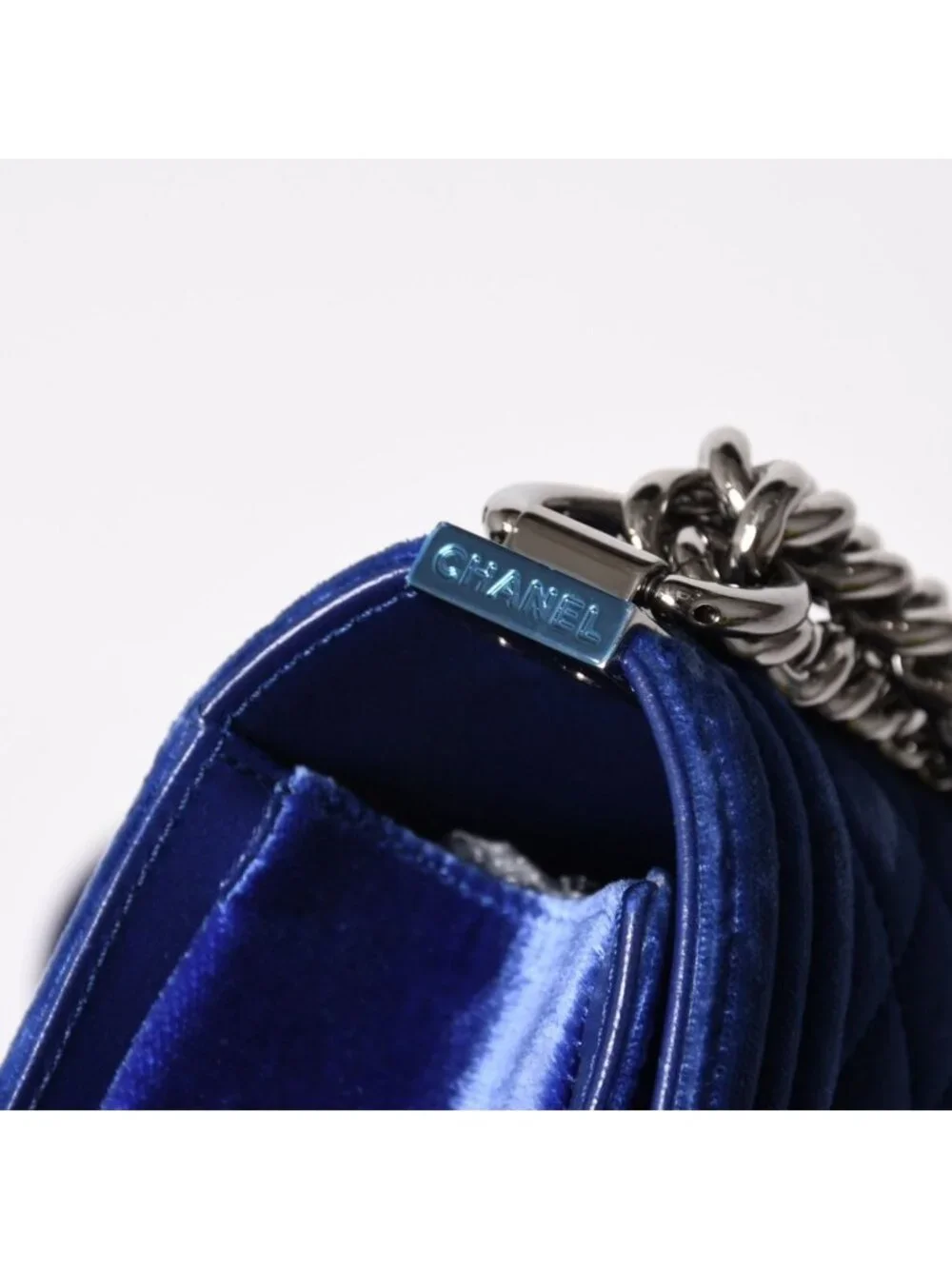 Chanel Boy Chain Shoulder Bag CC Logo Velvet Leather Blue